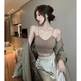 咖色現貨秒出♥️【JinG】冰絲涼感*後美背親膚罩杯背心♥️肩帶不可調 罩杯可拆 無袖 細肩平口 內搭背心
