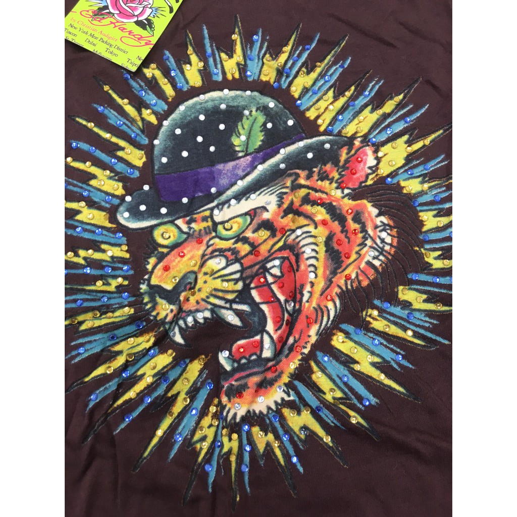 Ed hardy 全新正品 短袖上衣 TShirt 長版 咖啡色 老虎 虎頭 水鑽