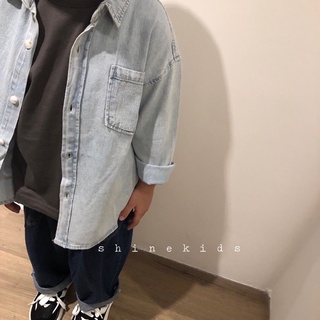 90-100cm/現貨.童裝實拍/韓國韓版童裝/韓國柔軟水洗淺牛仔襯衫 長袖上衣 丹寧外套 男童 小童 女童