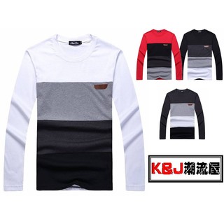 ★K&J★潮流多層次橫條皮標設計長T 4色 現+預【95021】
