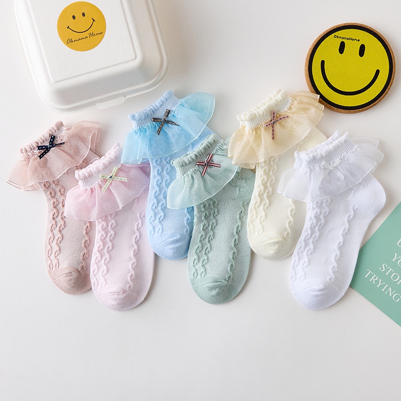 女童蝴蝶結嬰兒襪透氣秋季夏季公主兒童蕾絲襪 寶寶襪子