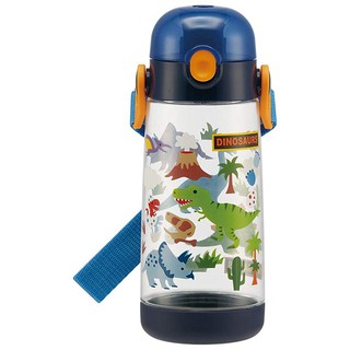 小禮堂 恐龍 透明直飲式水壺附背帶 塑膠水瓶 兒童水壺 480ml (藍 火山)