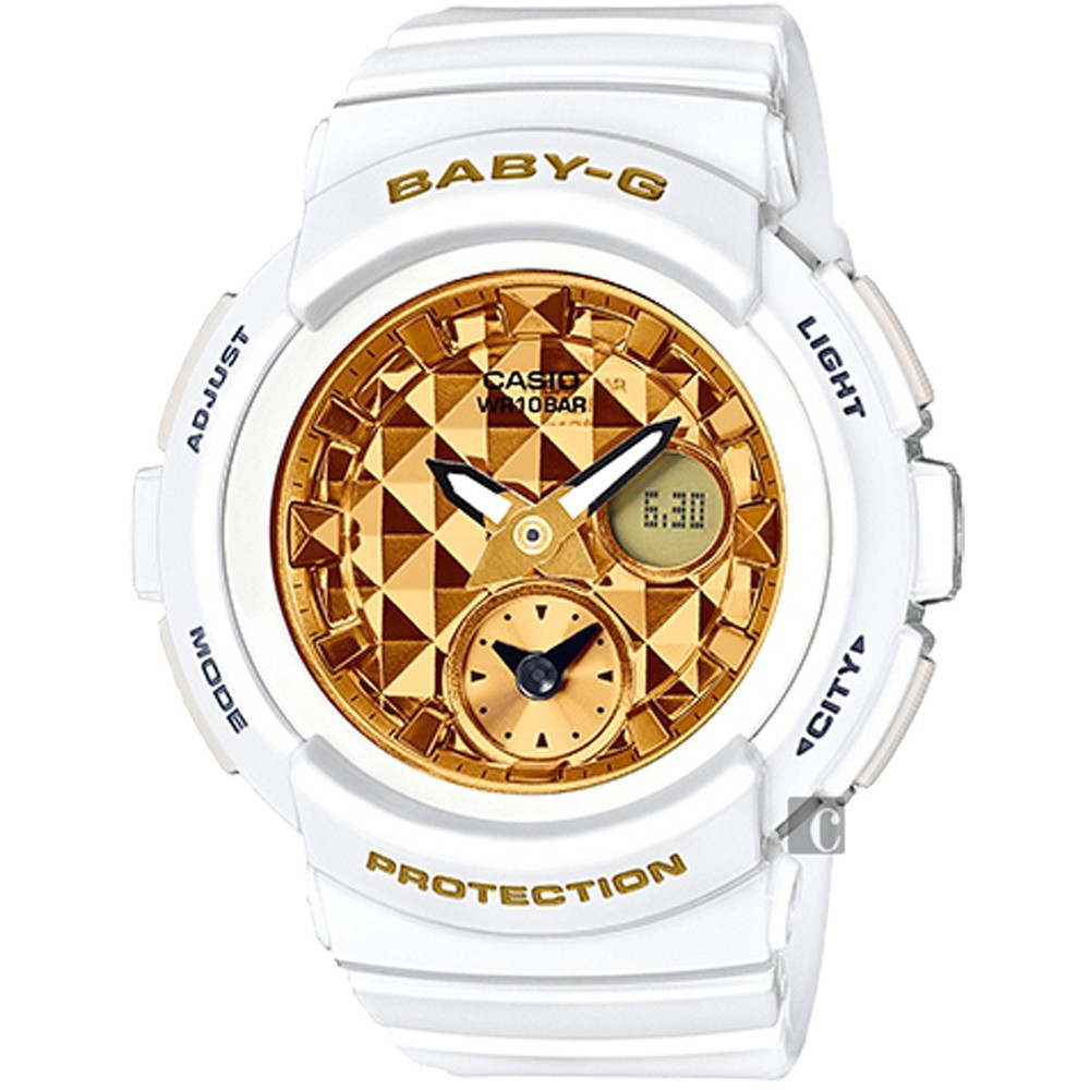 CASIO 卡西歐 Baby-G 鉚釘時尚兩地時間錶-香檳金x白 BGA-195M-7ADR