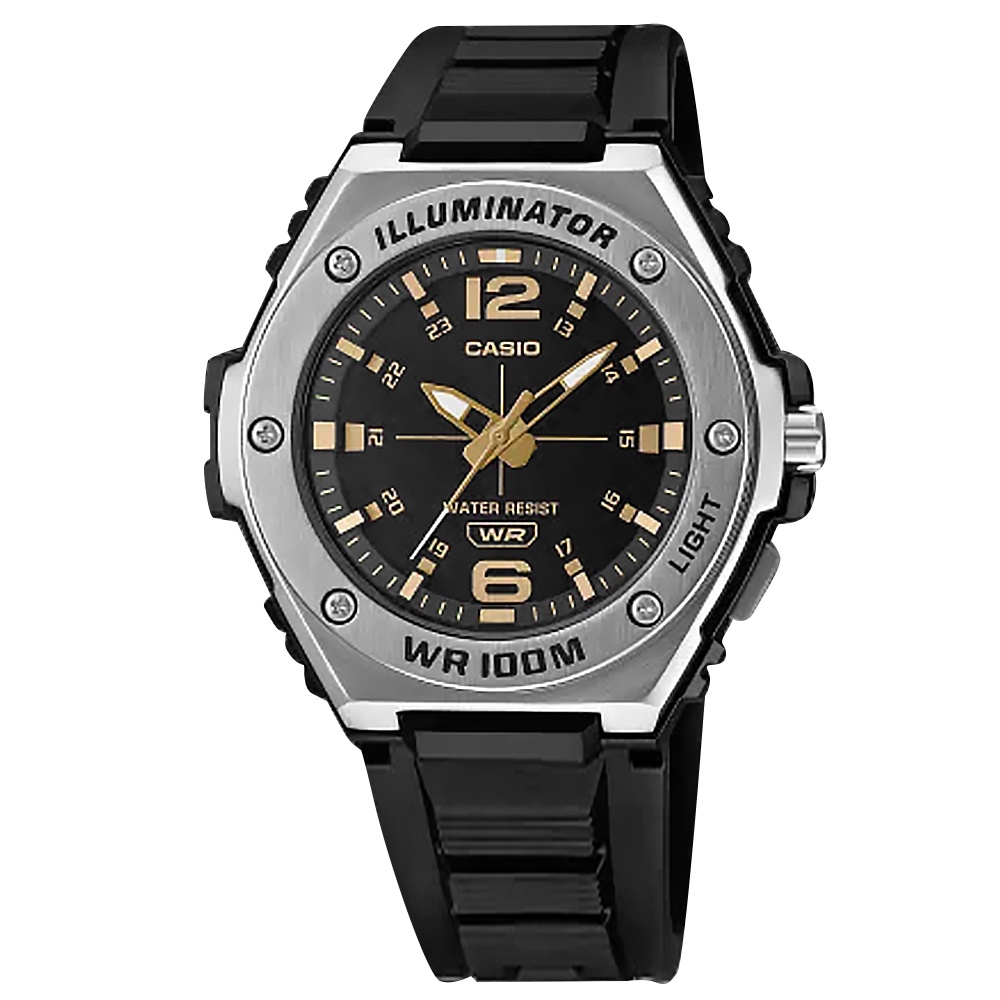 CASIO / 卡西歐 運動時尚 工業風格 防水100米 橡膠手錶 黑金色 / MWA-100H-1A2 / 49mm