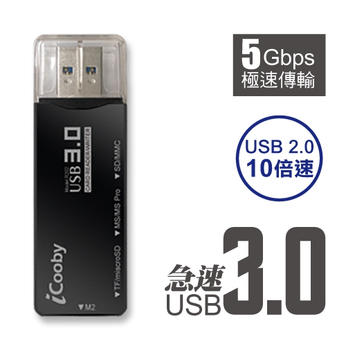 iCooby R202 記憶卡讀卡機 3槽 USB3.0 SD卡 黑色