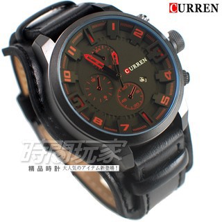 CURREN 卡瑞恩 CU8225紅黑 美式風格 造型三眼 大錶徑皮革腕錶 男錶 防水手錶【時間玩家】