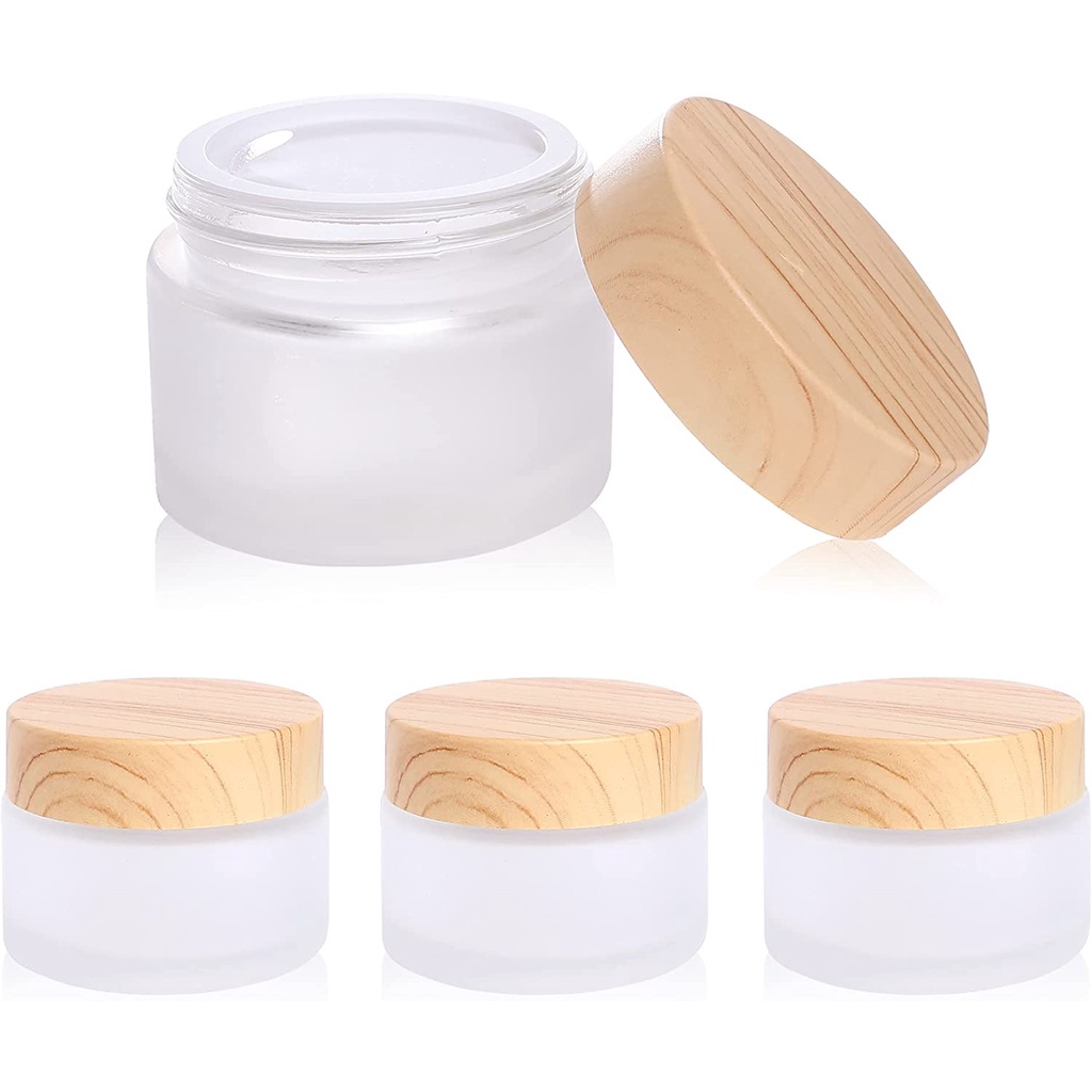 4 件裝磨砂玻璃面霜罐,空奶油罐支架盒,帶木紋蓋和內襯,樣品化妝品容器小瓶罐,用於眼影、乳液、粉底、潤唇膏