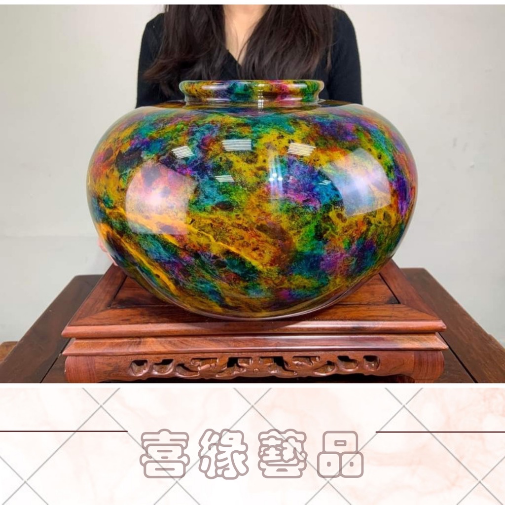 天然【七彩玉聚寶甕】花瓶 聚寶盆 七彩玉 奇彩玉 玉石花瓶 裝飾 收藏 擺件 T71