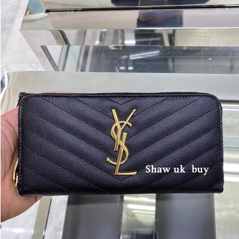 二手正品YSL 聖羅蘭 經典 黑色 荔枝紋 牛皮 拉鏈 長夾 錢包 手拿包 錢夾 卡夾 鈔票夾 358094