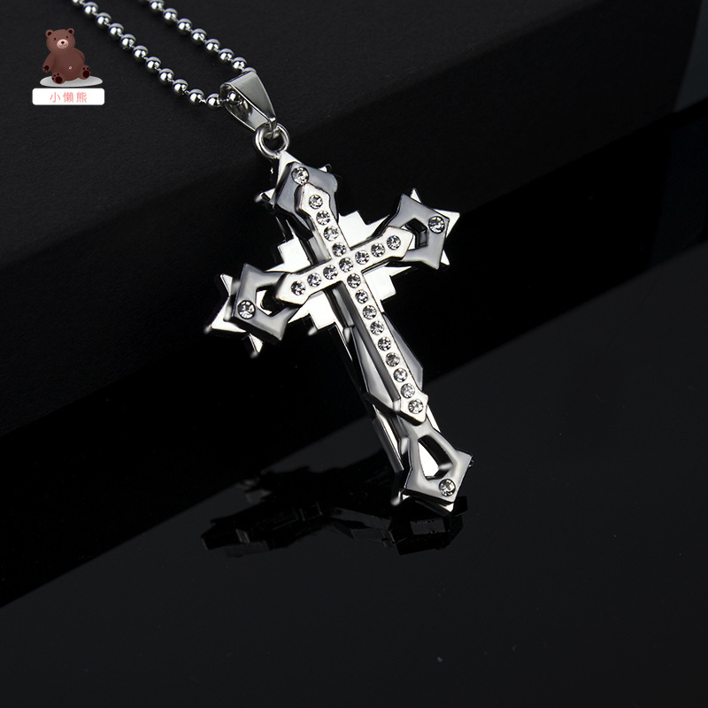 現貨 水晶十字架項鏈男士三層不銹鋼吊墜毛衣鏈個性耶穌飾品