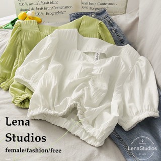 【LenaStudios】韓版甜美泡泡袖皺摺雪紡收腰上衣 超仙 燈籠袖 合身顯瘦