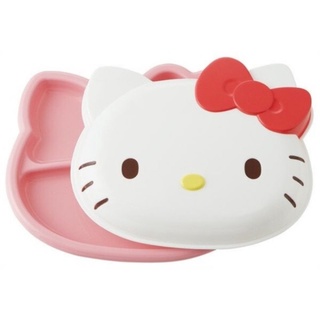花見雜貨~日本進口 全新正版 kitty 凱蒂貓 造型 塑膠 盤子 三格 餐盤 有蓋子