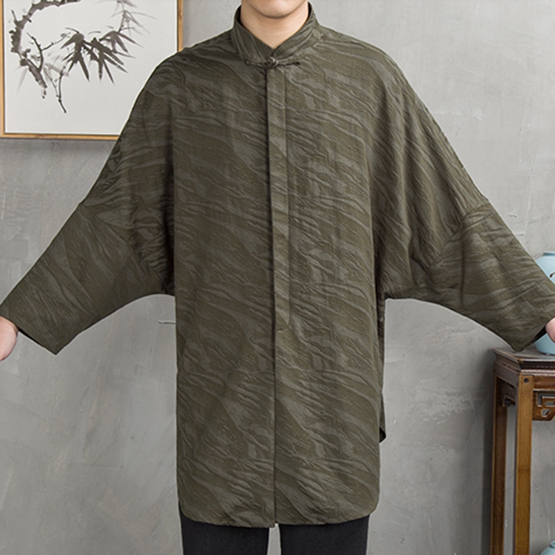 秋季中式復古居士服中長款襯衫提花禪茶服佛男士中國風棉麻蝙蝠衫