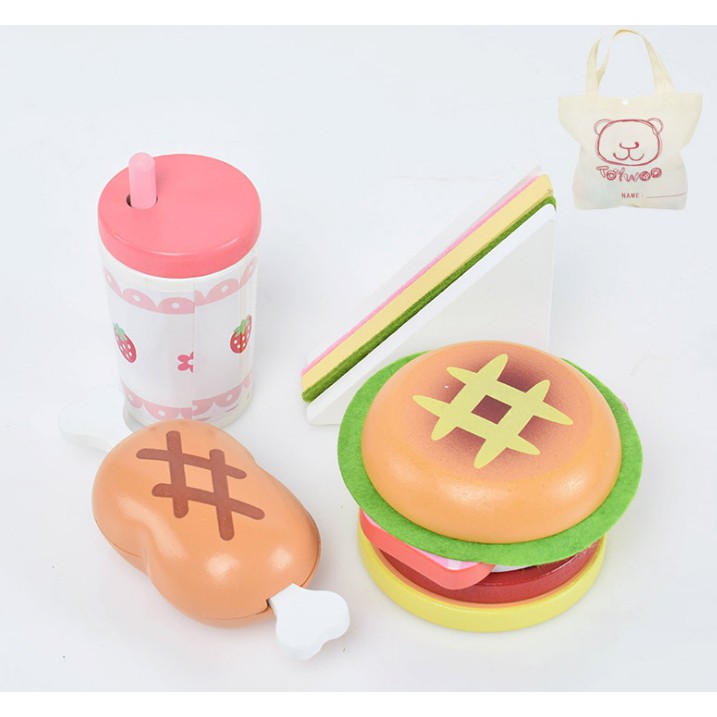 【西式早餐】漢堡 三明治 肉骨頭 草莓牛奶 飲料杯 早餐 木製玩具 水果切切樂 磁性玩具 辦家家酒 木製 磁性 魔鬼沾