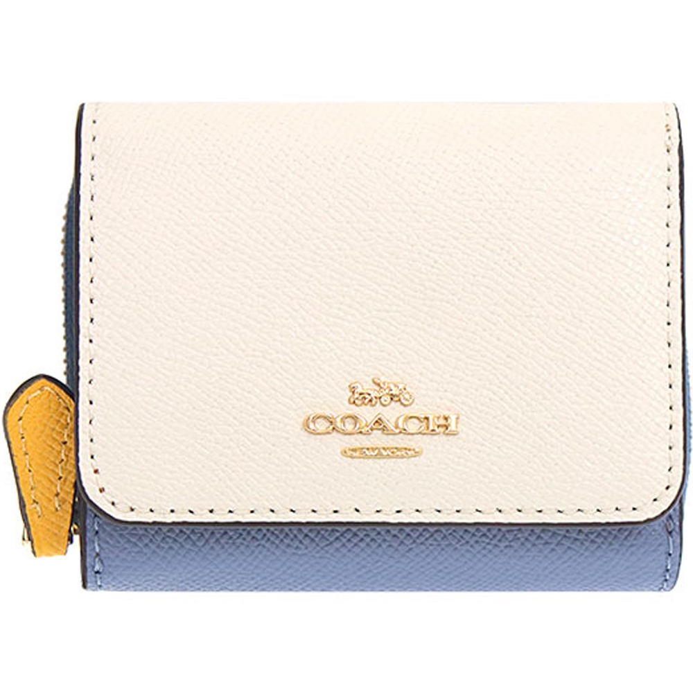 【COACH】白X藍X黃皮革三折零錢袋短夾