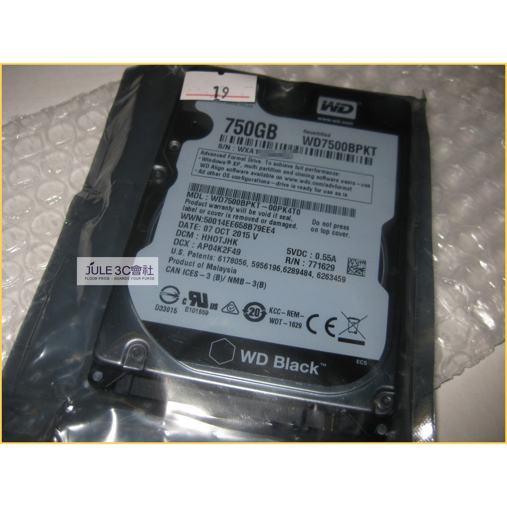 JULE 3C會社-威騰WD 750GB 750G WD7500BPKT/黑標/SATA2/16M/2.5吋/保內 硬碟