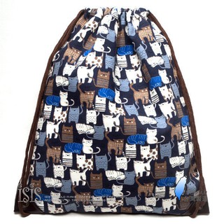 KURO-SHOP台灣製造 深藍色系 貓貓圖案 帆布材質 束口包 後背包