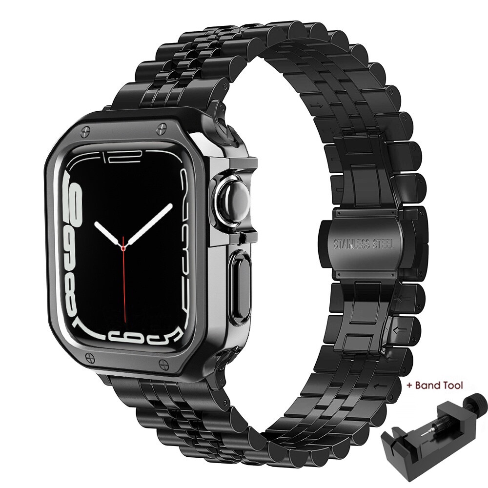 改裝農家橡樹適用apple watch S8 7 6 SE 5 4 3不銹鋼金屬錶帶+錶殼38mm41mm44 45mm