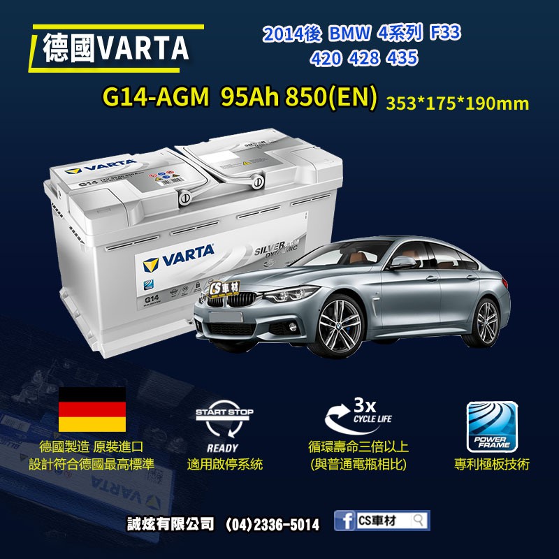 CS車材-VARTA 華達電池 BMW 4系列 F33 420 428 435 14年後 G14 AGM 代客安裝