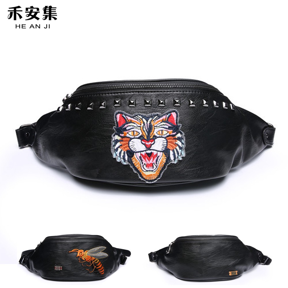 新款街頭胸包運動挎包腰包鉚釘包中國風個性胸包老虎蜜蜂刺繡腰包胸前包防水皮革側背包斜背包pu肩背包 蝦皮購物
