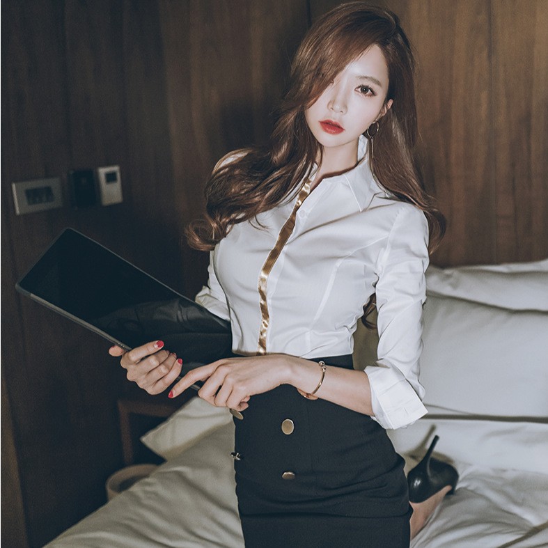 韓版OL通勤職業翻領修身白襯衫+高腰性感開衩半身裙套裝  A1489-1