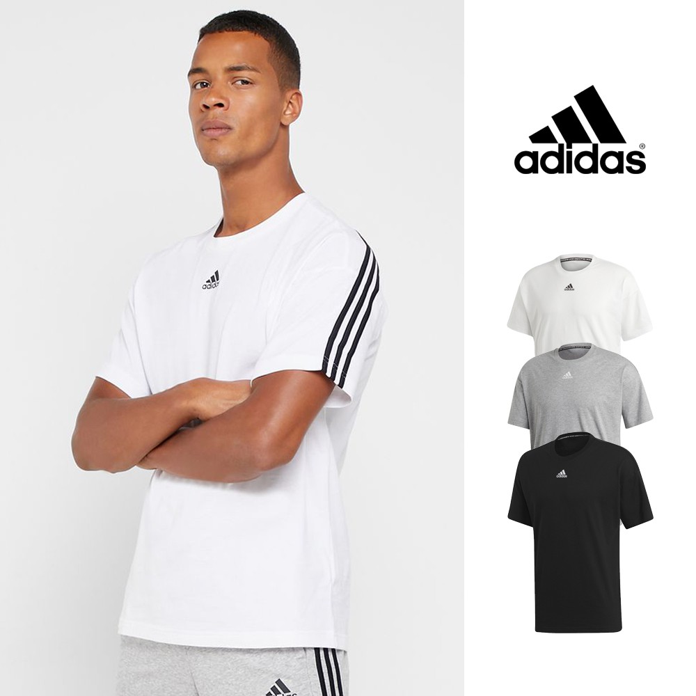 Adidas 黑/灰/白短袖T恤純棉運動休閒上衣短T 基本款三條線Logo EB5277/EB5275 | 蝦皮購物