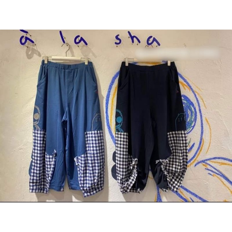 全新 alasha a la Sha 阿財 格子抽繩款設計棉褲 淺藍/深藍 現貨 M