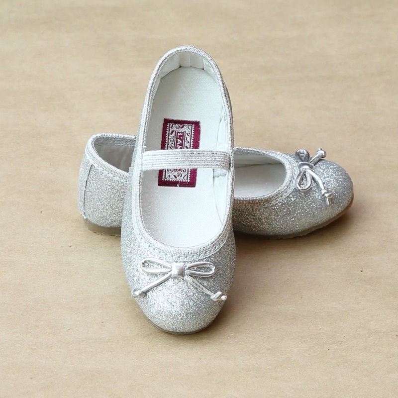 L'Amour 幼兒和兒童蝴蝶結禮服鞋平底鞋 銀色細亮片 SIZE:13=17cm 二手8成新