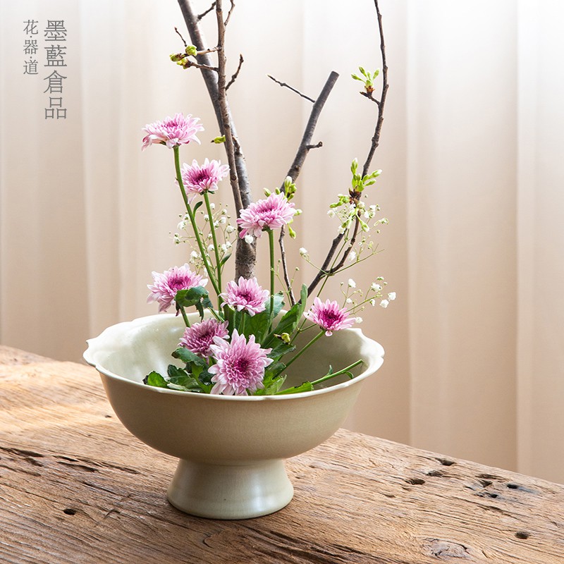 花器道》陶瓷灰綠高腳盤花器禪意中式日式插花器皿小原流花道插花碗型花 