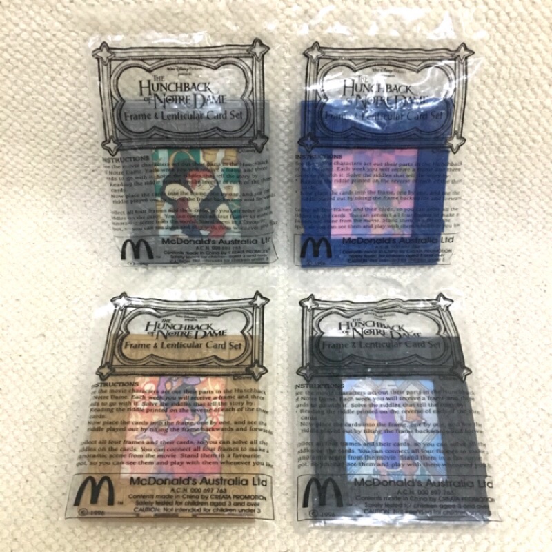 1996 麥當勞 兒童餐玩具 迪士尼 鐘樓怪人 雷射卡相框 澳大利亞限定 全套四款 全新原裝袋 未拆封