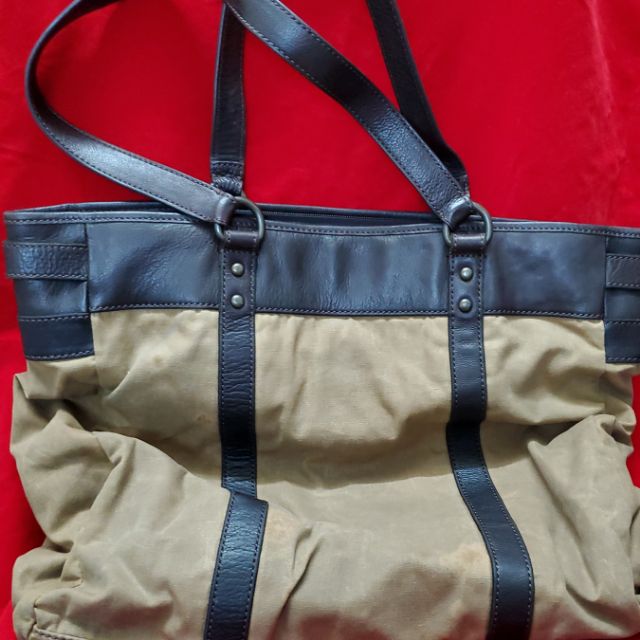 Fossil牛皮+帆布大容量肩背郵差購物包托特包深卡其色購物包筆電包