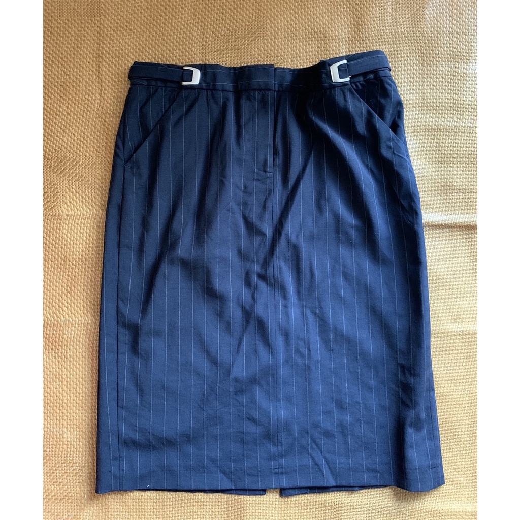 美國休閒名牌 J. CREW 二手 深藍色 白細直紋 滑軌式反扣可調整腰圍 側斜口袋 後開衩 窄裙 鉛筆裙