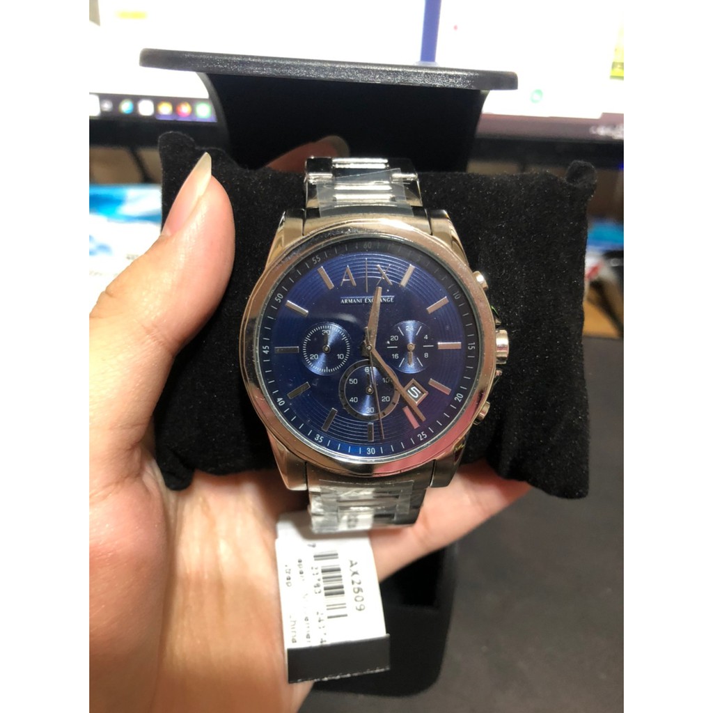 Armani Exchange 螺紋寶藍面時尚三眼腕錶 鋼帶 AX2509