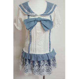 Miaii mussa 日系水手服 日系學生服二件式 藍色蕾絲裙