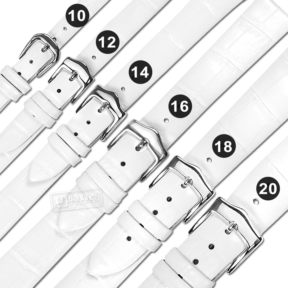 Watchband / 10.12.14.16.18.20 mm / 各品牌通用 真皮壓紋錶帶 不鏽鋼扣頭 白色