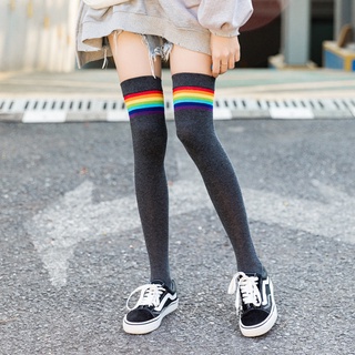 過膝襪子 日系學院風彩虹條紋襪 可愛百搭學生襪 甜美黑白灰大腿襪