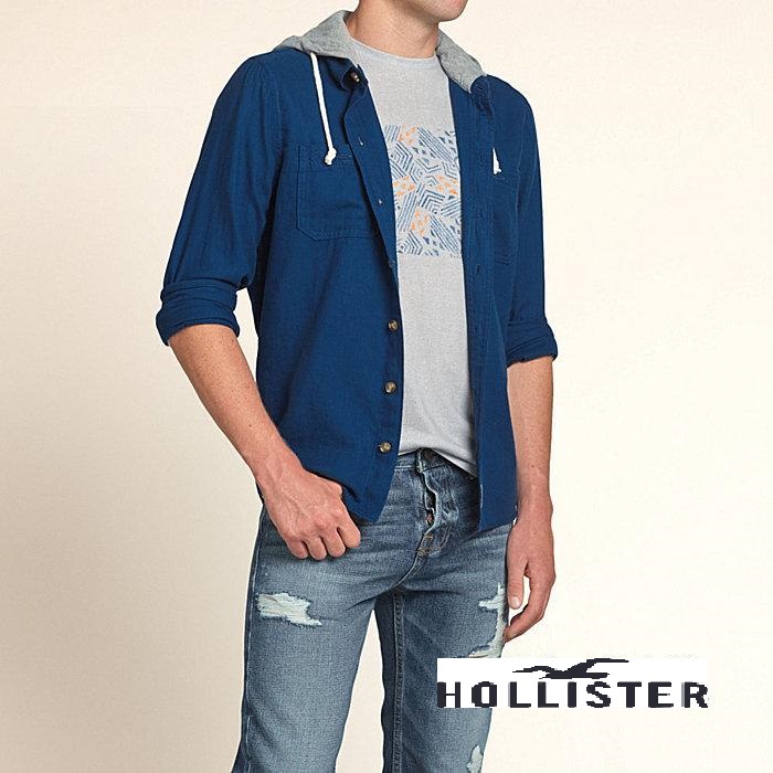HCO Hollister co.Northside Hooded Shirt 素面襯衫式連帽外套-寶藍色