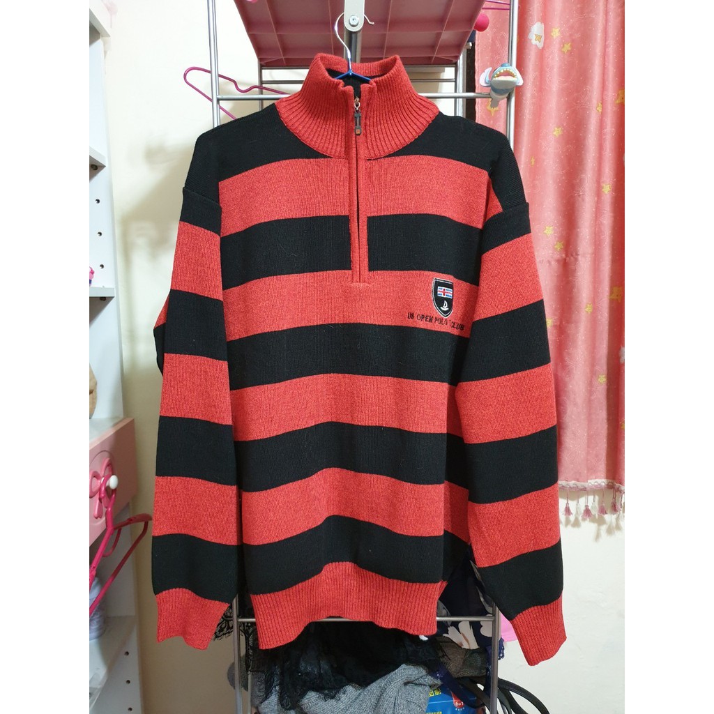 男 POLO US OPEN POLO TEAM CLU專櫃 長袖子毛料上衣服 半高立領子條紋 黑紅色➯M適M L XL