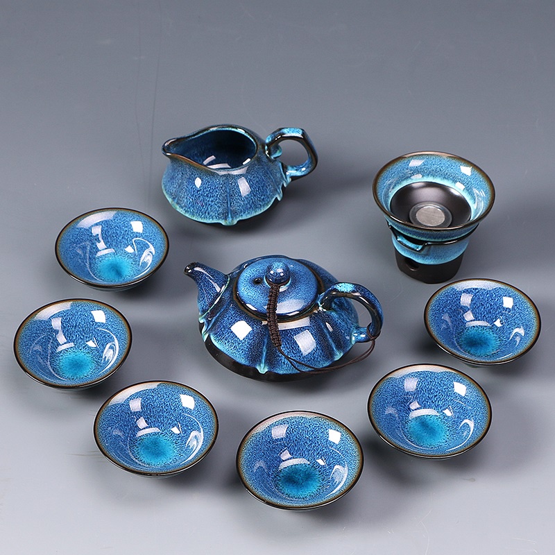 （皇家茶莊）整套陶瓷天目油滴藍珀釉蓋碗功夫茶具窯變建盞套裝品茗杯茶杯茶壺