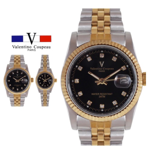【天龜】Valentino Coupeau 范倫鐵諾 蠔式黑面晶鑽金銀不鏽鋼防水男女錶