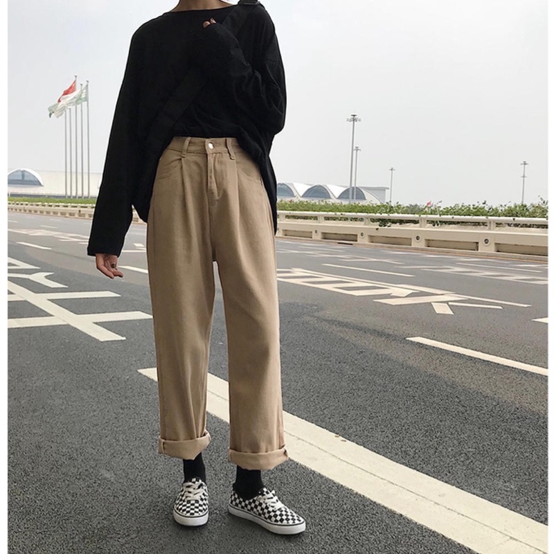 韓式個性寬褲 卡其色寬褲 寬鬆風 二手 蝦皮購物