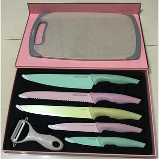 全新 SUPERARE 粉彩 麥稈 不鏽鋼 刀具 砧板 七件 禮盒組 廚房 家用 SKU-SS-02