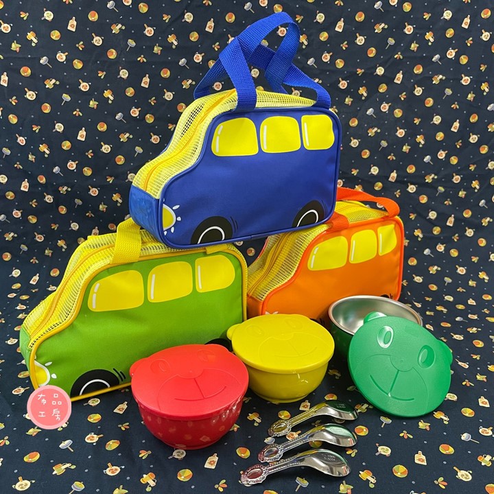 【布品工房】【BUBU車便當袋】 便當袋 餐袋 手提袋 造型餐袋 玩具袋 幼稚園 三色碗 餐具 304碗 不鏽鋼 隔熱碗
