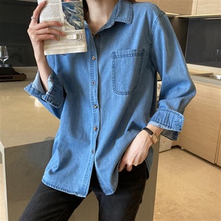 長袖牛仔襯衫薄款牛仔秋外套女薄款復古休閑小眾法式上衣防曬女士襯衫T213-B 9250. 衣時尚