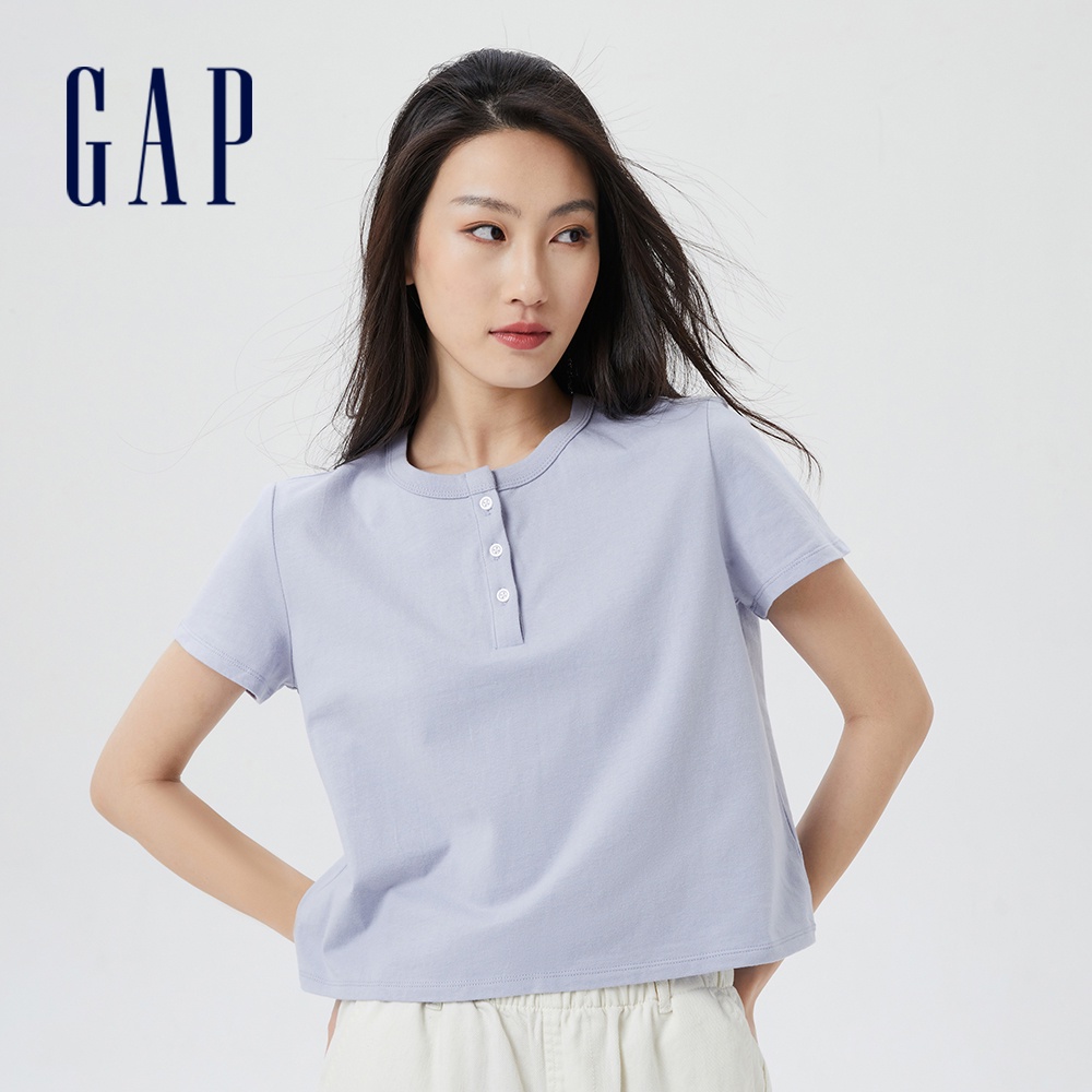 Gap 女裝 亨利領短版短袖T恤 厚磅密織親膚系列-淺藍色(810785)