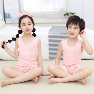 上衣+褲子 夏季薄款兒童素色家居服套裝寶寶無痕上衣背心短袖短褲寶寶睡衣