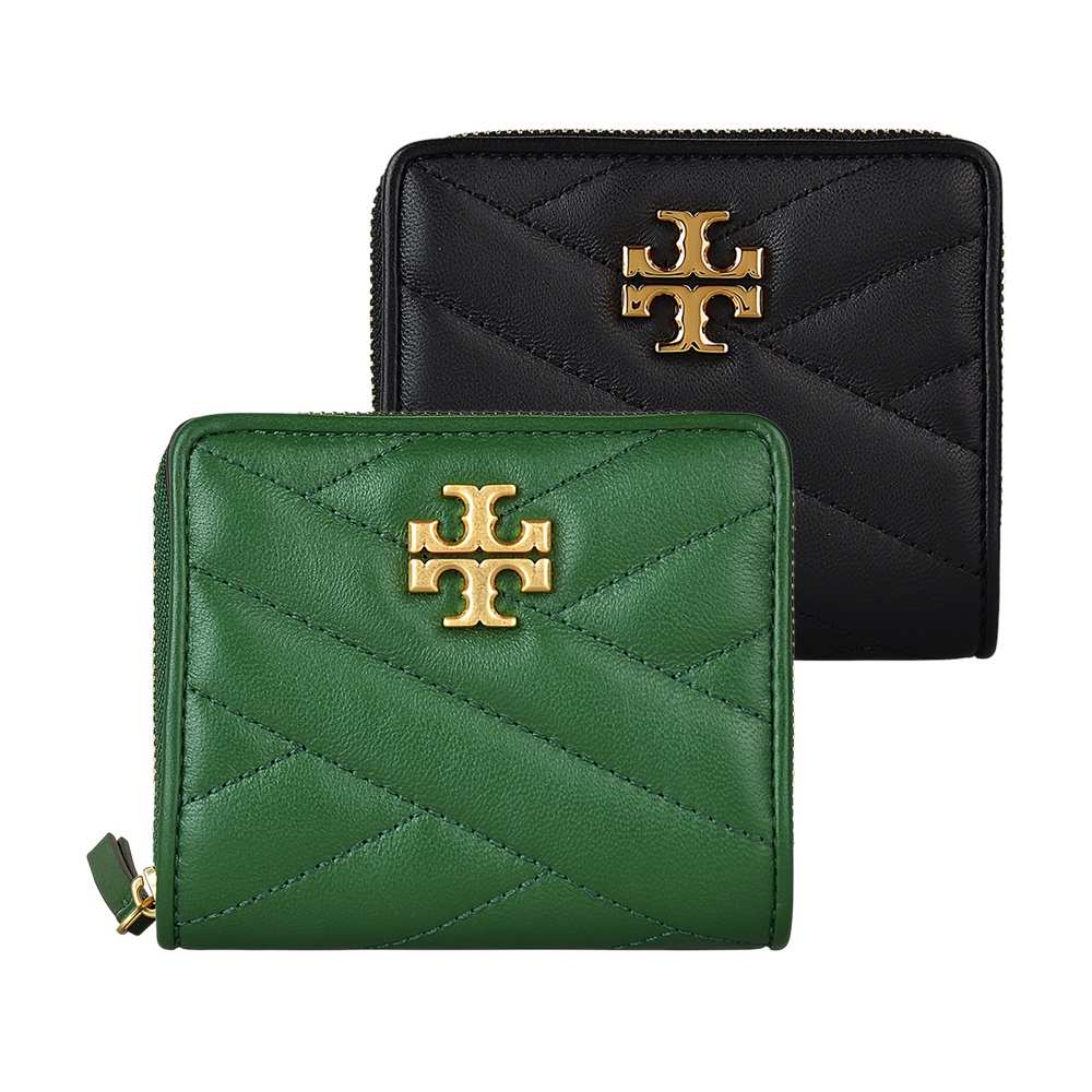 TORY BURCH KIRA CHEVRON金字LOGO斜紋設計羊皮4卡釦式拉鍊短夾 (二色)