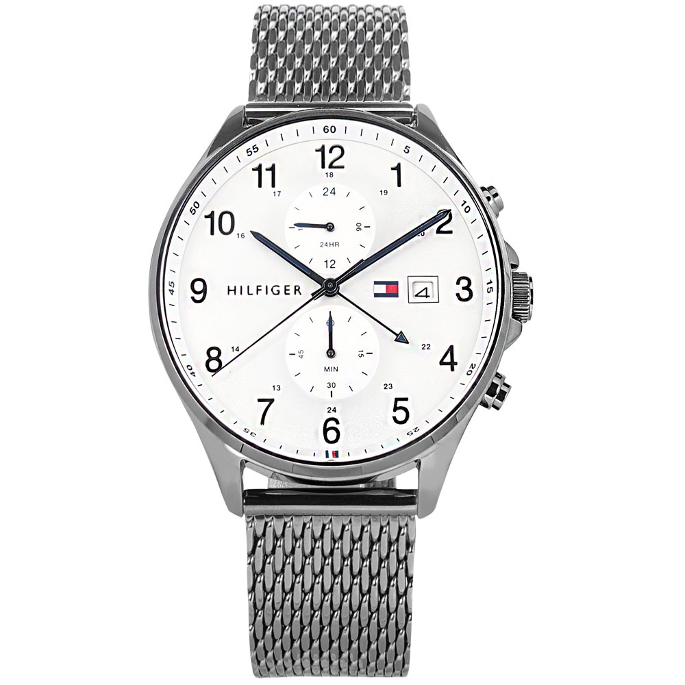 TOMMY HILFIGER / 簡約雙眼 兩地時間 日期 米蘭編織不鏽鋼手錶 白x鍍灰 /1791709 / 44mm