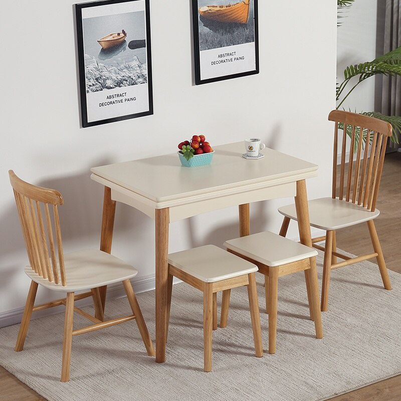 奈鹿の傢居小鋪實木小戶型折疊餐桌伸縮多功能北歐簡約傢用原木長方形餐桌椅組閤