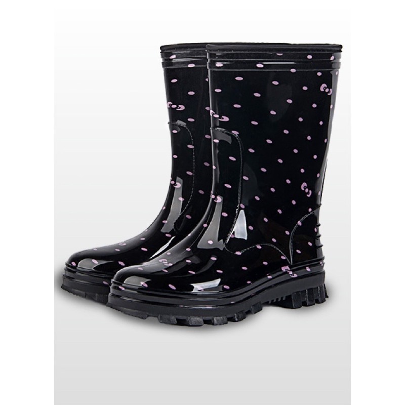 【CROWN JEWELS 皇力牌】高級 女用 彩色 雨鞋 雨靴-黑粉點 中筒 (附鞋墊) (環保無毒)